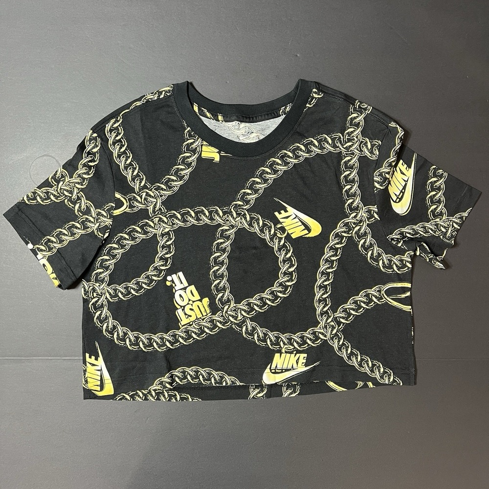 Nike Chain Link Cropped Tee Shirt Black Gold Women's Size S Y2K Athletic